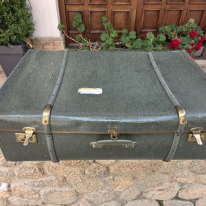 Large vintage travel suitcase, XXL size wood and leather retro suitcase