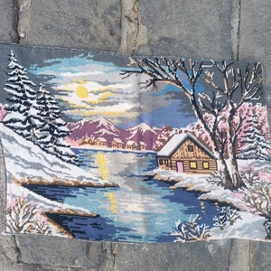 Winter night vintage gobelin needlepoint, finished cross stitch 1970&#39;s handmade tapestry