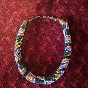 Hand beaded necklace, mid century handmade colorful necklace