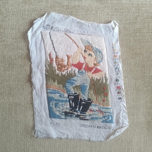 Cute vintage kid's tapestry, handmade finished needlepoint tapestry of a fisherboy
