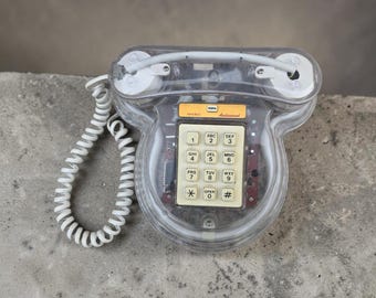 Neon telephone, vintage 80s digital, push-button phone, Audiosound transparent neon phone
