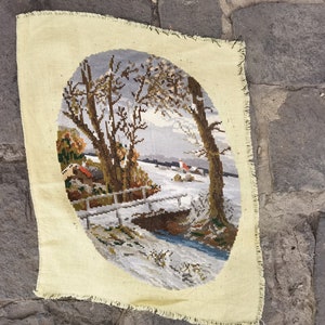 Winter landscape by Wiehler, Wiehler oval gobelin tapestry, finished cross stitch wall hanging tapestry