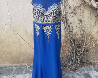 Blue lady dress, silver thread embroidery and beads decorated, vintage large blue woman's dress