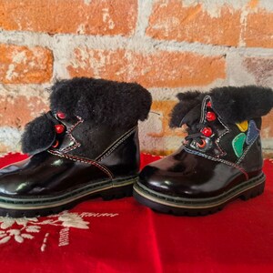 Kid's leather boots, black reversed leather and varnished leather boots with fur