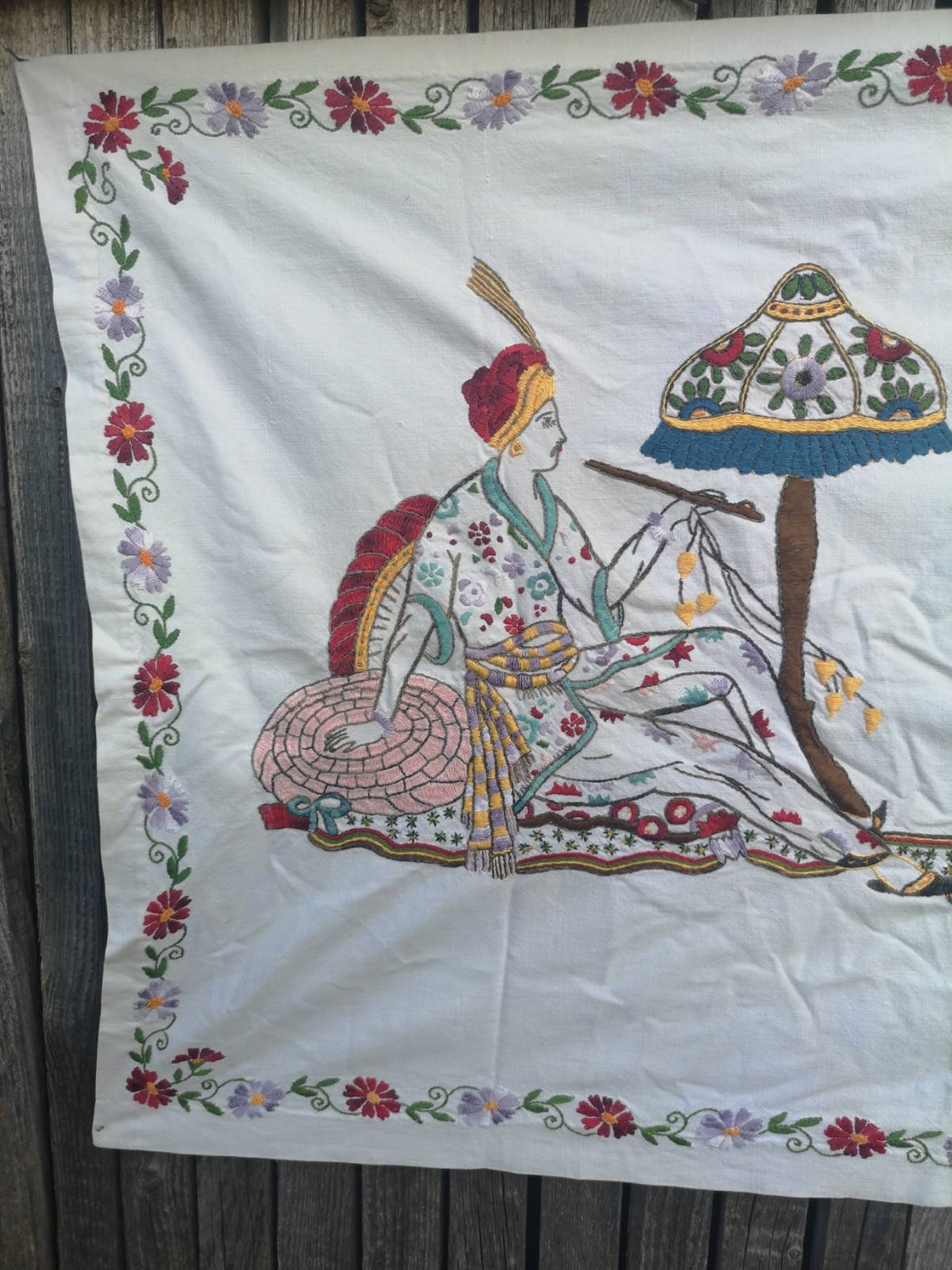 Hand Embroidered Vintage Tapestry White Embroidered Tapestry Etsy