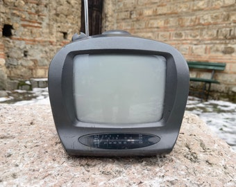 Lenco mini portable TV, vintage 1990's CRT television, black and white screen TV