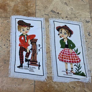 Cute vintage needlepoint finished tapestries, handmade gobelin needlepoint of a boy and girl, pair of tapestries
