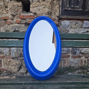 Plastic oval mirror, rare blue color frame, 70s vintage space age mirror, design by Nanda Vigo