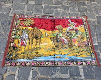 Tapis Mural Ancien Velours – Tapisserie Chatons Et Chats – 21x42 Cm – Frange Rouge – Vintage Italie