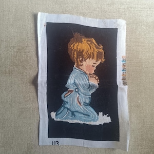 Vintage kid's tapestry, Boy praying before sleep, cute finished needlepoint tapestry