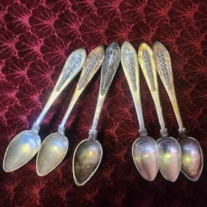 Silver desert spoons, handcrafted filigree silver spoons, complete set of 6 antique silver spoons