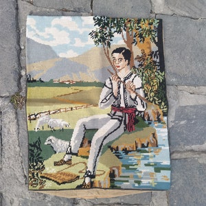 Peasant playing flute by the river tapestry, vintage cross stitch finished wall hanging tapestry
