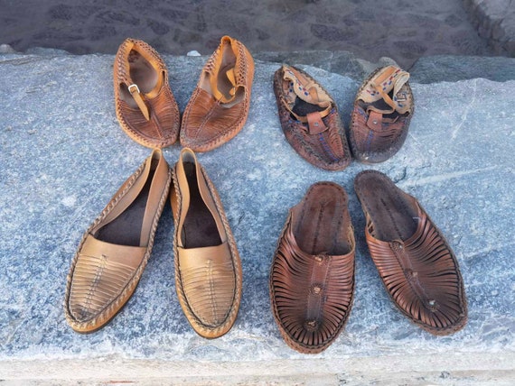 Lot of Four Handmade Leather Folklore Shoes, Antique and Primitive
