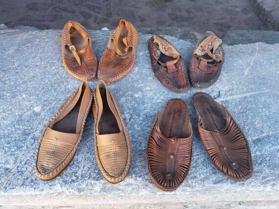 Lot of Four Handmade Leather Folklore Shoes, Antique and Primitive