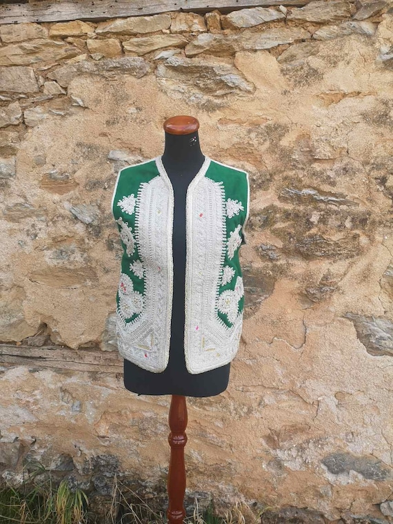 Hand embroidered green vest, vintage silver thread