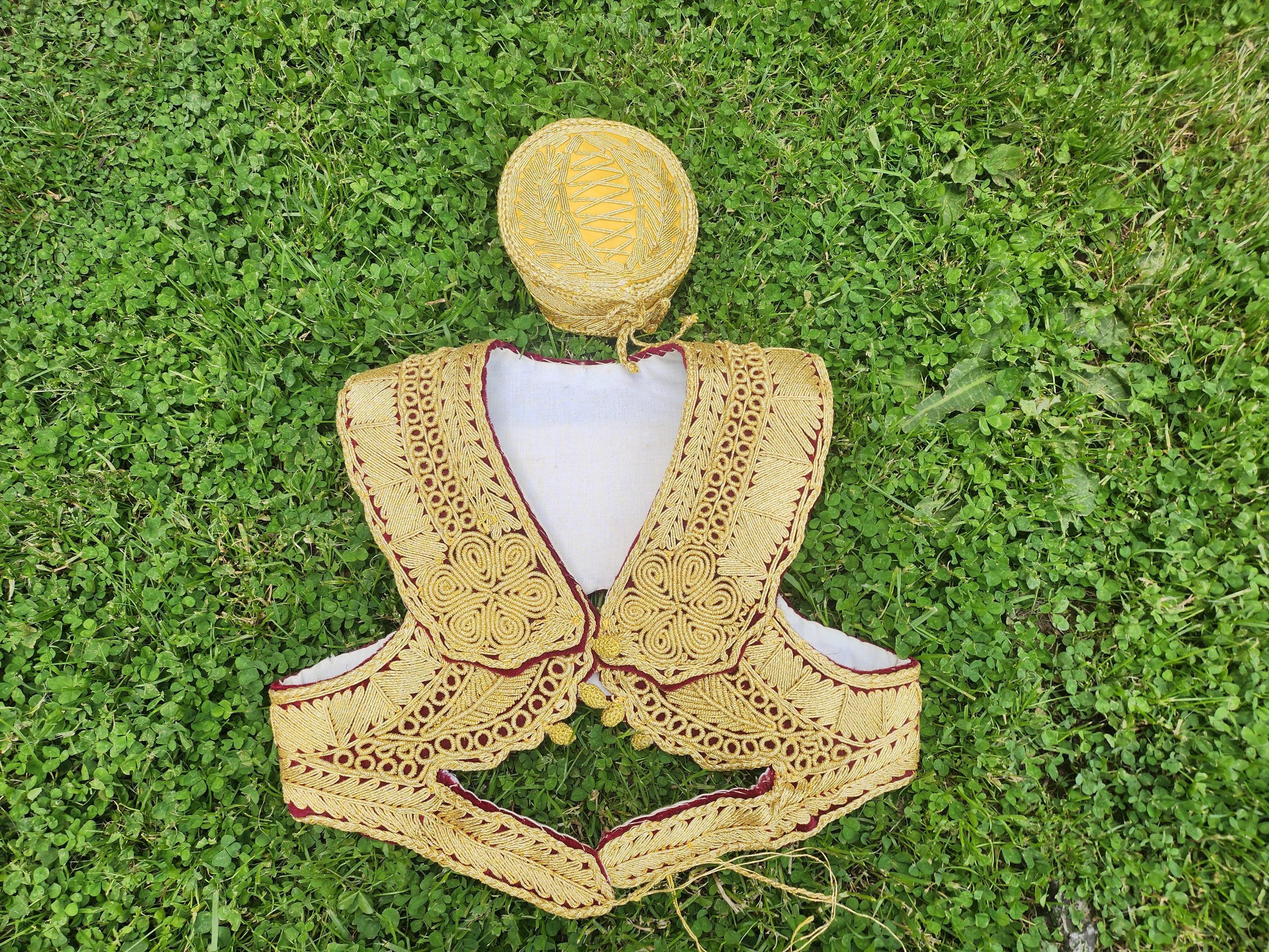 Hand embroidered gold vest and a hat, vintage woman's handmade vest and a hat