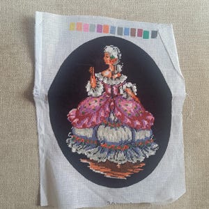 Lady in evening dress, renaissance era, tapestry, finished needlepoint oval tapestry