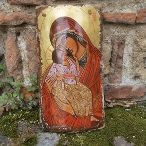 Painting Icon of Holy Mary, Mother of God and Jesus Christ on a clay roof pile from XIX century