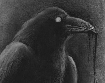 Raven with eyeball Gothic/dark/horror art "Mine" in charcoal - A5 heavyweight paper Raven/ creepy bird art