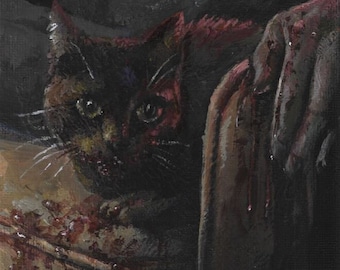 Creepy cat eating owner Horror/dark/gothic cat/mature/dark art "Hanging around" 17.5cm x 12.2cm- Small canvas acrylic painting