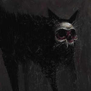 Effrayant chat macabre horreur/sombre/gothique minou/mature/sombre art « Effrayant » 17,5 cm x 12,2 cm x 3 mm- Petit panneau de toile peinture acrylique
