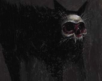 Griezelige macabere kat Horror/dark/gothic kitty/mature/dark art "Eng" 17,5 cm x 12,2 cm x 3 mm- Klein canvas paneel acrylschilderij