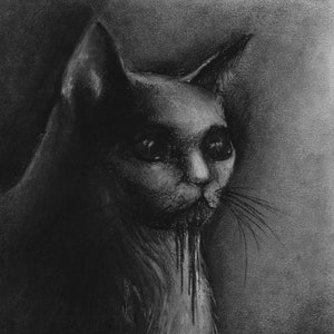 Arte gotica/oscura/horror "Passivo" a carboncino - gatto di carta pesante A5/arte gatto inquietante
