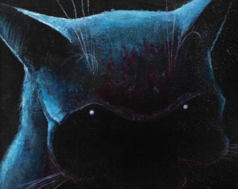 Cat/Gothic/dark/horror/cat/weird art "the colour of blood in blue light" in acrylic - 30.5cm x23cm canvas painting