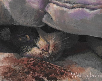 Creepy cat eating owner Horror/dark/gothic cat/mature/dark art "Sneak a peek" 12.2cm x17.5cm - Small canvas acrylic painting