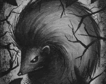 Gothic sleeping hedgehog Gothic/dark/horror art "I was asleep" in charcoal - A5 heavyweight paper horse/ gothic hedgehog art