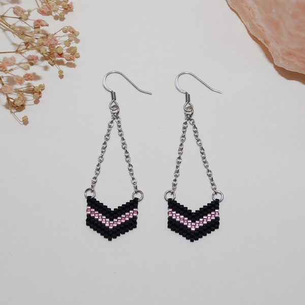 Boucles d oreille zig zag rose métallisé et noir en acier inoxydable pour femme