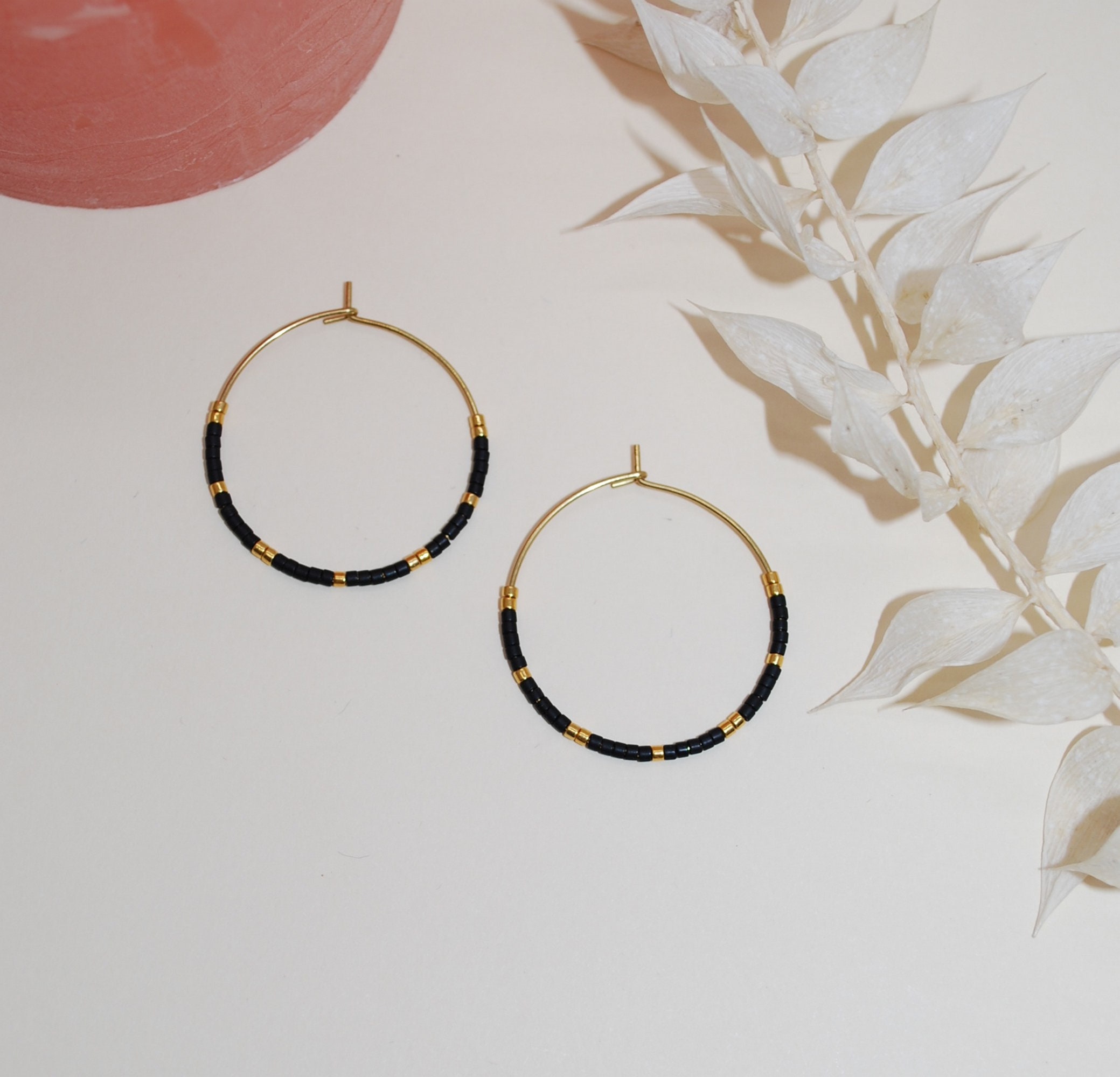 Minimalist Black and Gold Hoop Earrings in Stainless Steel and