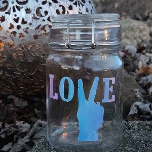 Peut inclure: Un bocal en verre transparent avec un couvercle à charnière, orné du mot "LOVE" en lettres dégradées violettes et bleues. En dessous, un signe de paix en dégradé bleu et violet. Le bocal est posé sur une surface en pierre.