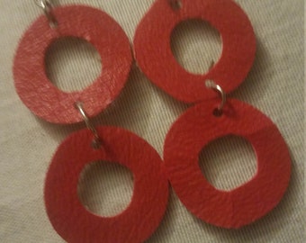 Red Donuts Earrings Upcycled Vinyl VEGAN LEATHER