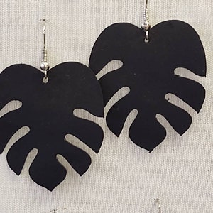 VEGAN LEATHER Upcycled Earrings Rubber in Mika Black Home Designed and Cut Monstera Leaf