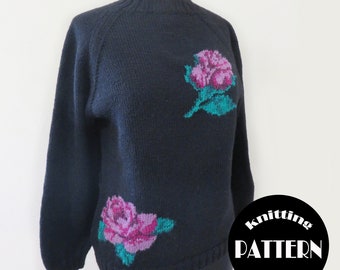 Knitting pattern (PDF File) //Intarsia raglan sweater //Dark floral knitted pullover pattern // Drama XS-3X//Instant Download