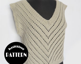 Knitting pattern (PDF File) //Hand knit slipover with V-neck // Knitted vest with geometric lace // Gilet S-3X//Instant Download