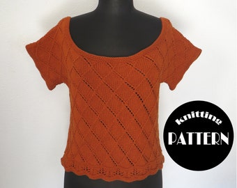 Knitting pattern (PDF File) // Cotton merino summer top// Knitted tee with diamond pattern // Ardour XS-3X// Instant Download