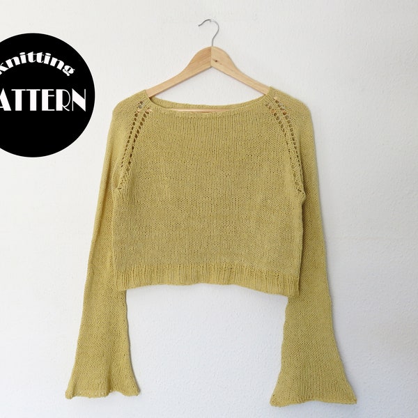 Knitting pattern (PDF File) //Bell sleeves cotton spring sweater //Top down, no-sew knit pattern // Bell Effect XS-4X//Instant Download