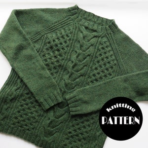 May include: A green knitted sweater with a cable knit pattern. The sweater has a round neckline and long sleeves. The text "Knitting Pattern" is visible in the lower right corner of the image.