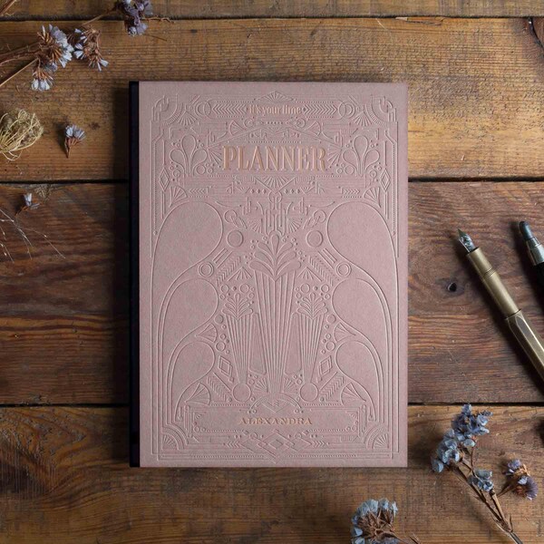 Hand-bound calendar | ArtDeco Planner 2025/2026 | Handmade book calendar | Weekly planner | Appointment calendar | Dusty pink | PERSONALIZABLE