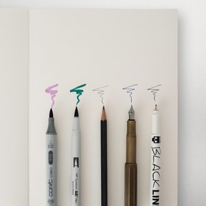 May include: A close-up of six writing instruments: a grey Copic Ciao marker, a green Tombow ABT dual brush pen, a black pencil, a gold fountain pen, a white Black Line pen, and a white pen with a black cap.