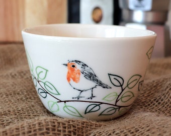 Hand-painted porcelain dessert bowl with robin