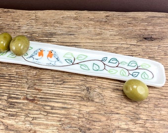 Olive boat made of hand-made porcelain with robins, perfect wedding gift