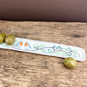 Olive boat made of hand-made porcelain with robins, perfect wedding gift image 1