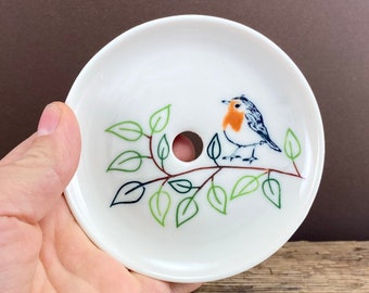 Round porcelain soap dish with robin ZERO WASTE