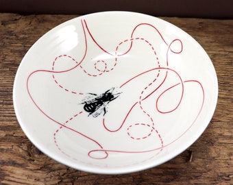 Striped porcelain bowl with bee in black and white and red