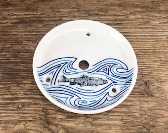 Pottery ceramic soap dish with fish and blue waves