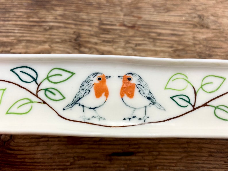 Olive boat made of hand-made porcelain with robins, perfect wedding gift image 2