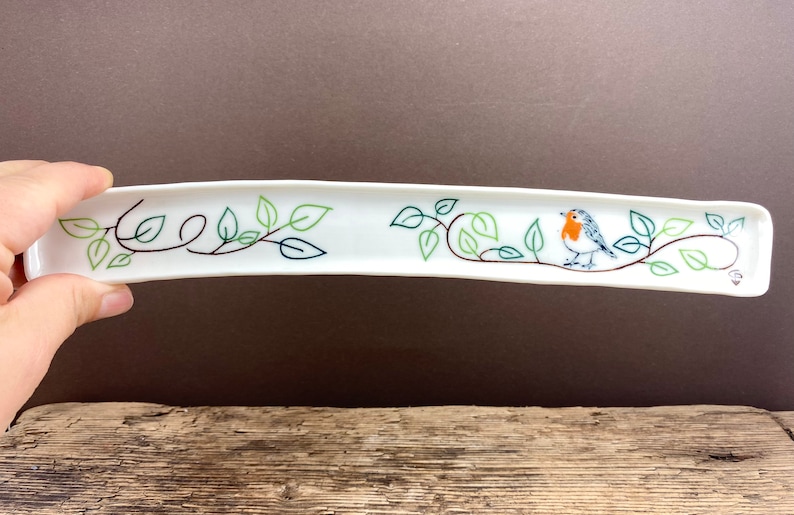 Olive boat made of hand-made porcelain with robins, perfect wedding gift image 7